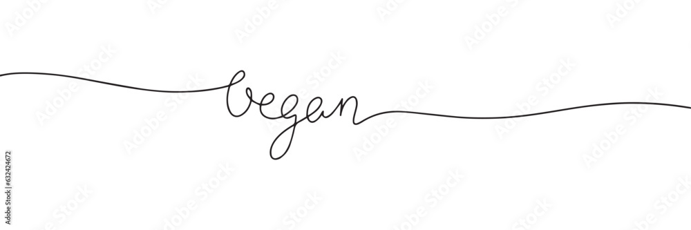 Poster word vegan in line art style. one line continuous handwriting text. horizontal banner. vector illust