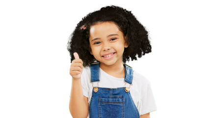 Happy, thumbs up and portrait of child with smile on isolated, png and transparent background....