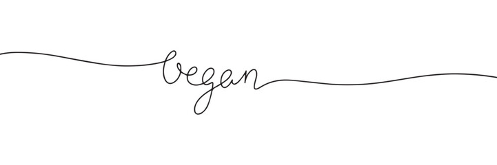 Word Vegan in line art style. One line continuous handwriting text. Horizontal banner. Vector illustration.