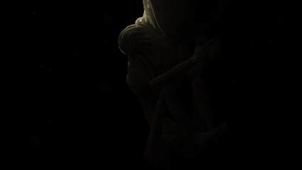 Captivating footage of an abstract 3D model of a robot baby composed of bones, floating in a vast black space adorned with particles, evoking a sense of futurism and advanced technology.