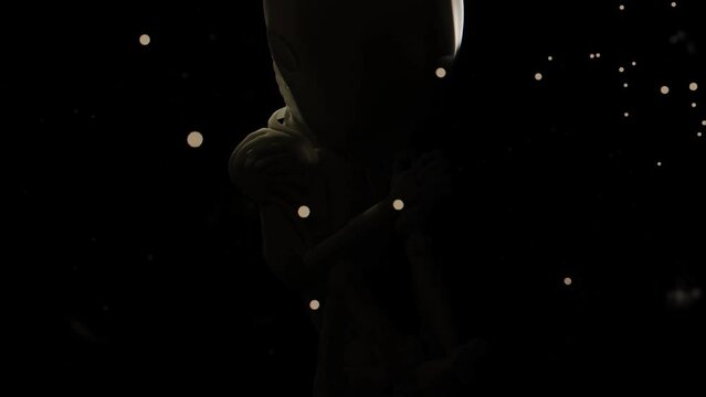 Striking 3D render of an abstract robot baby composed of bones, floating amidst black space and particles, creating a futuristic and conceptual aesthetic.