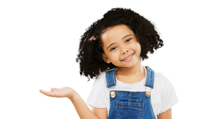 Palm, offer and presentation with portrait of child on png and smile, show and promotion. Happy, advertising and announcement with face of young girl isolated on transparent background for hand sign