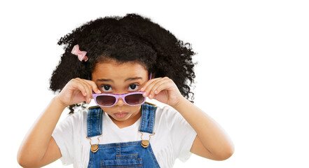 Sunglasses, fashion and portrait of girl with attitude on isolated, png and transparent background....