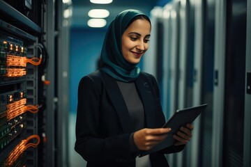 Hijabi Data cloud engineer looking at her tablet in server room, Women empowerment in Big Data Cloud Computing Architecture and Data Science