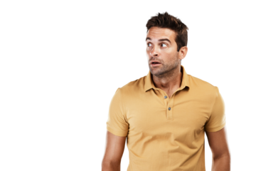 Face, scared and man with anxiety isolated on transparent png background in fear, horror and terror expression. Worried model, person and stress while listening for noise, danger and waiting reaction