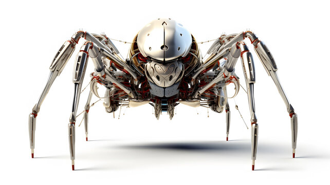 Hybrid robot spider in metal with many legs in white background, concept of technology android 