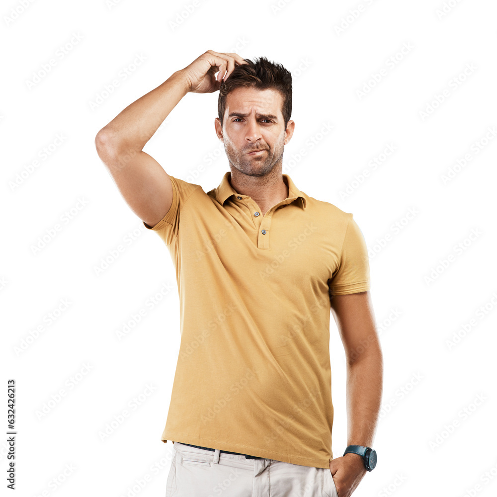Poster Thinking, scratching head or portrait of man confused by choices isolated on transparent png background. Why, doubt or unsure male person with question to consider for solution or problem solving