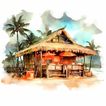 Illustration digital watercolor art of beach hut on the beach serve cocktails, Tiki bar on beach in hawaii style coconut tree behind with white background 