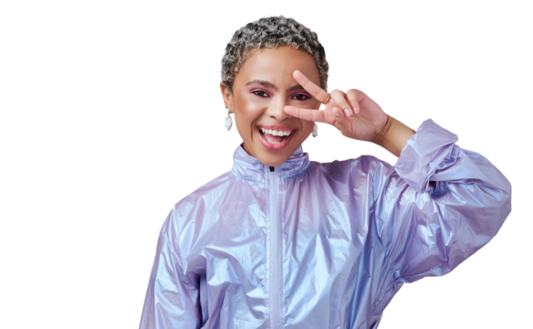 Model, color or portrait of peace sign, makeup or fashion in cool neon clothes on isolated, transparent or png background. Happy African woman, emoji and gen z v hands in cosmetics style or gesture