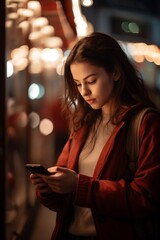 Generative AI : Unrecognaize Woman viewing social media content on mobile phone