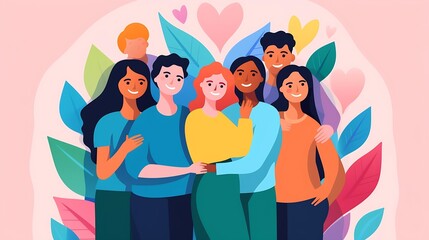 Generative AI : Group of diverse people. Friends or coworkers are standing, hugging, posing together. Cartoon characters. Teamwork, togetherness, friendship concept. Colorful Vector illustration