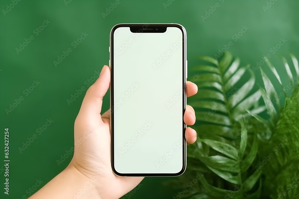Aufkleber Generative AI : A man holds a phone with a green screen in his hands against a background of green house plants. Mockup. Chromakey.