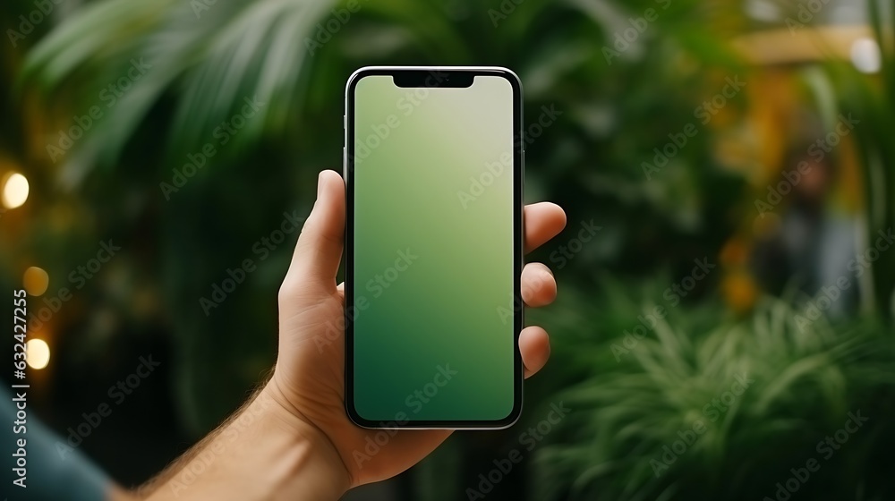 Poster generative ai : a man holds a phone with a green screen in his hands against a background of green h