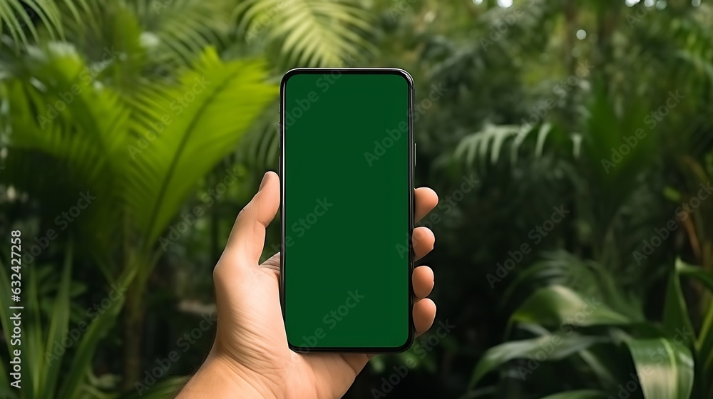 Poster generative ai : a man holds a phone with a green screen in his hands against a background of green h