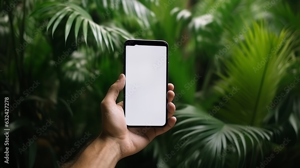 Poster generative ai : a man holds a phone with a green screen in his hands against a background of green h