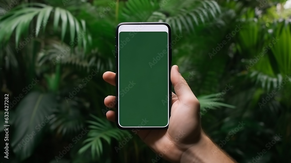 Poster generative ai : a man holds a phone with a green screen in his hands against a background of green h