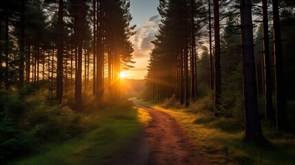 Generative AI : Beautiful sunset in the forest with a path leading to the sun