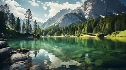 Generative AI : Beautiful autumn mountain nature lake with blue sky