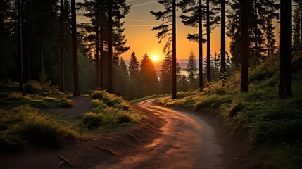 Obraz premium Generative AI : Beautiful sunset in the forest with a path leading to the sun
