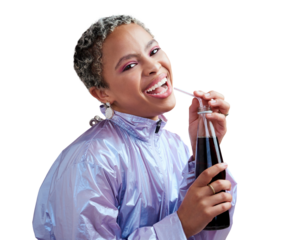 Woman portrait, fashion and happy with soda bottle for cool, playful and fun summer drink on isolated, transparent and png background. Laughing, African gen z girl and retro clothes with juice drink