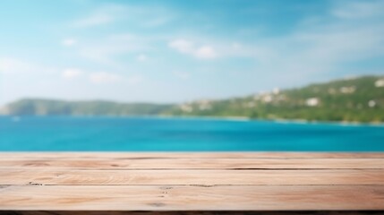 Fototapeta premium Generative AI : Wooden table top with blurred of beautiful beach nature background use for products display