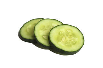 Three slices of cucumber lie on a white background.