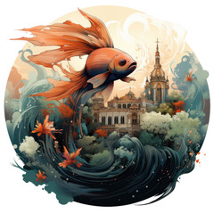 A mythical underwater kingdom betta fish t-shirt design, showcasing a betta fish as the ruler of a majestic, Generative Ai