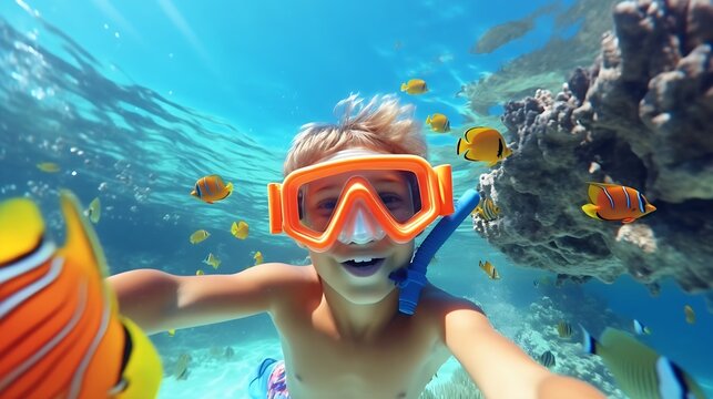 Generative AI : Happy family - active kid in snorkeling mask dive underwater, see tropical fishes in coral reef sea pool. Travel adventure, swimming activity on summer beach vacation with child.