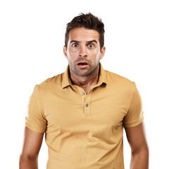 Portrait, shocked and scared face for man with anxiety, alarm and worry on isolated, transparent...