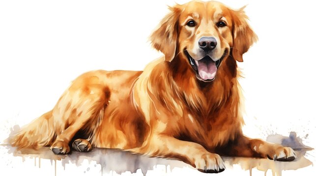Generative AI : Golden retriever paint. Watercolor hand drawn illustration. Watercolor golden retriever sitting layer path, clipping path isolated on white background.