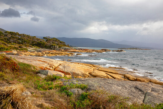 Tasmania rocky coastline at Bicheno on the east coast,Australia