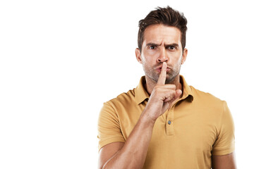 Angry man, face and finger on lips for secret, warning and confidential news on isolated, transparent and png background. Frustrated model, portrait and privacy emoji hands on mouth for whisper noise - obrazy, fototapety, plakaty