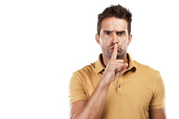Angry man, face and finger on lips for secret, warning and confidential news on isolated, transparent and png background. Frustrated model, portrait and privacy emoji hands on mouth for whisper noise