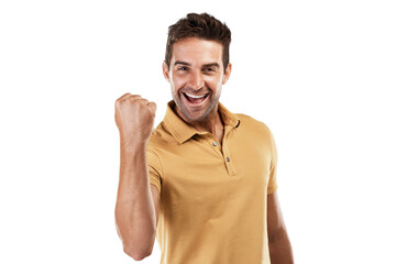 Excited, winning portrait and man with celebration and fist for motivation and success sign. Male...