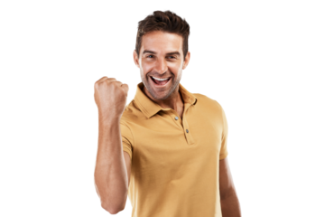 Excited, winning portrait and man with celebration and fist for motivation and success sign. Male person, happy and smile from achievement cheer and winner isolated on a transparent, png background