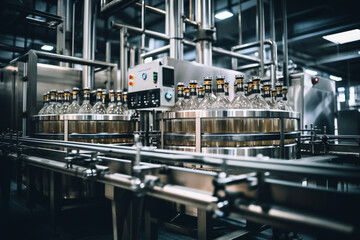Fototapeta premium Factory for the production of beer. Brewery conveyor with glass beer drink alcohol bottles, modern production line. Blurred background. Modern production for bottling drinks. Selective focus.