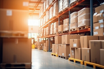 Interior of a modern warehouse. Large space for storing and moving goods. Logistics. Blurred background. The sun's rays fall through the windows into the warehouse.