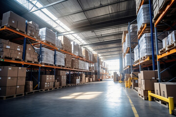 Interior of a modern warehouse. Large space for storing and moving goods. Logistics. Trade in the modern world.