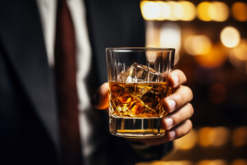 A businessman holds a glass of whiskey with ice in his hands. Close-up. Dark blurred background. Business negotiations with a glass of alcohol.