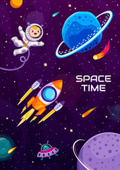 Cartoon space poster, cute kid astronaut and rocket soaring through cosmic abyss, futuristic landscape with extraterrestrial beings. Vector banner of science fiction and interstellar travel theme
