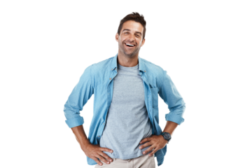 Portrait, smile and man with casual outfit, funny and model isolated on a transparent background. Male person, Canada and guy with happiness, laughing and cheerful with png, joyful and fashion