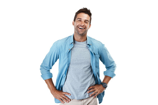 Portrait, smile and man with casual outfit, funny and model isolated on a transparent background. Male person, Canada and guy with happiness, laughing and cheerful with png, joyful and fashion