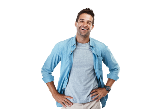 Portrait, smile and man with casual outfit, funny and model isolated on a transparent background. Male person, Canada and guy with happiness, laughing and cheerful with png, joyful and fashion