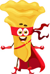 Cartoon campanelle italian pasta food superhero character wear red defender mask and cloak fighting crime for culinary justice in the kitchen. Isolated vector super hero noodle guardian personage
