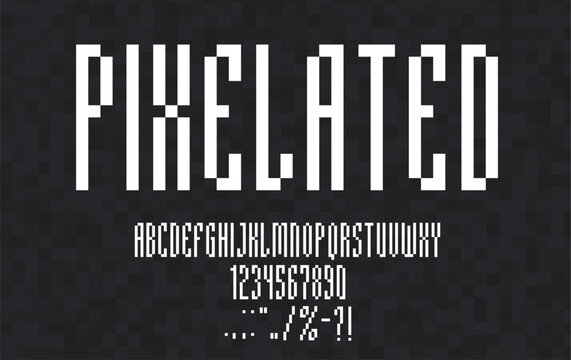 Pixel font, 8 bit geometric alphabet, digital typeface, binary type. Retro arcade game vector letters and numbers, vintage typography pixel art abc symbols. Video console, computer game alphabet font