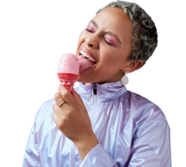 Ice cream, fashion and woman with smile, eating and model isolated on a transparent background. Female person, makeup or girl with a candy cone, crazy and funky clothes with png, sweet or sugar treat