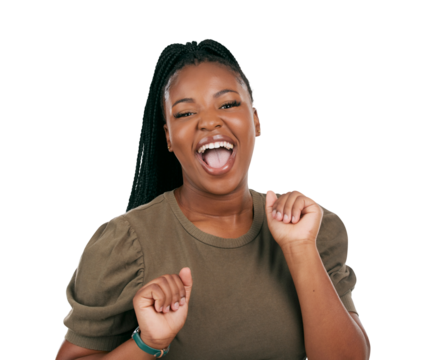 Black woman, excited portrait and fun dancing with casual style, fashion and confidence. Happy, female person and African model smile with fun from Nigeria isolated on transparent, png background