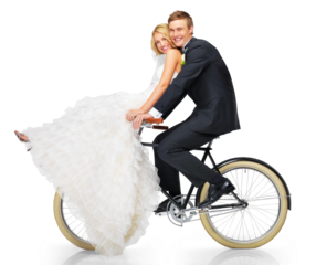 Portrait, love and wedding with couple on bicycle on png for celebration, marriage and cycling. Vintage, event and happiness with man and woman in bike isolated on transparent background for romance
