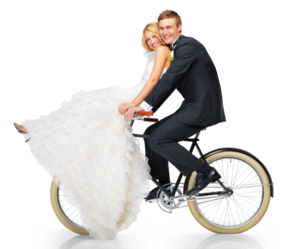 Portrait, love and wedding with couple on bicycle on png for celebration, marriage and cycling. Vintage, event and happiness with man and woman in bike isolated on transparent background for romance