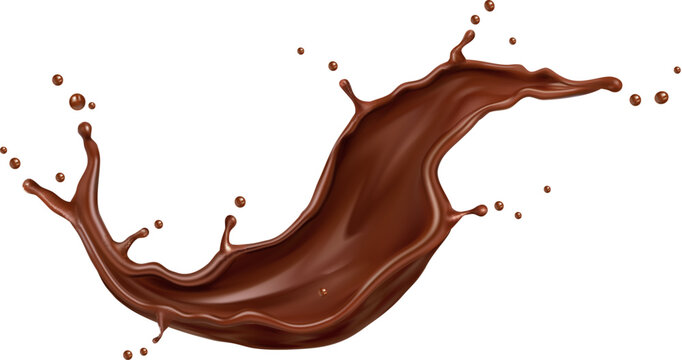 Realistic isolated chocolate wave splash with droplets, choco syrup drops splatter, vector cocoa drink. Chocolate wave with splashing droplets in long flow or spill for choco milk or milkshake dessert